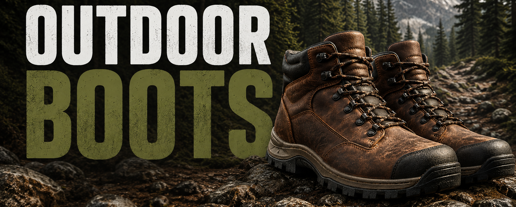 A pair of brown lace-up outdoor hiking boots displayed on rocks in a forest setting with a mountain in the background, alongside the text 'OUTDOOR BOOTS'.
