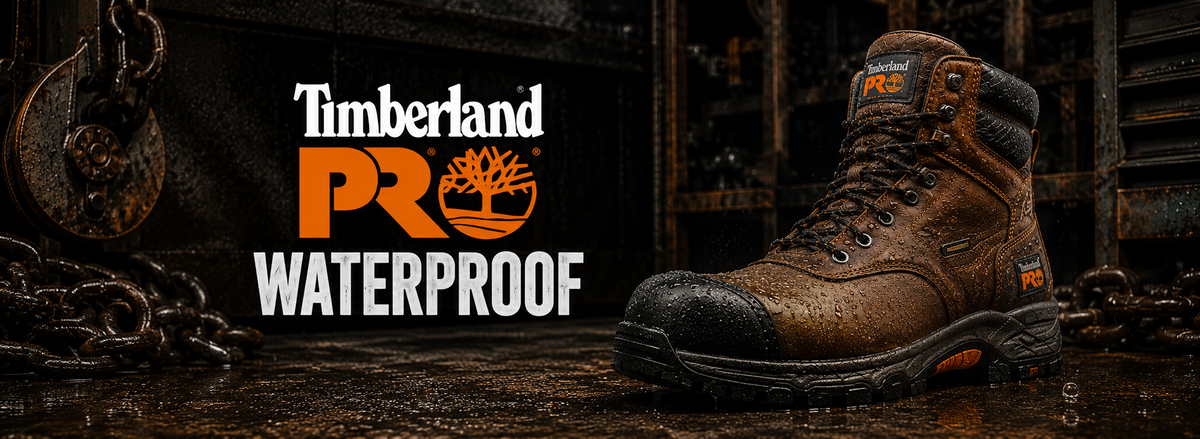 A Timberland PRO Waterproof work boot in brown leather, shown in a dark, rugged industrial setting with chains and metal textures. The Timberland PRO Waterproof logo is displayed prominently on the left side of the image.