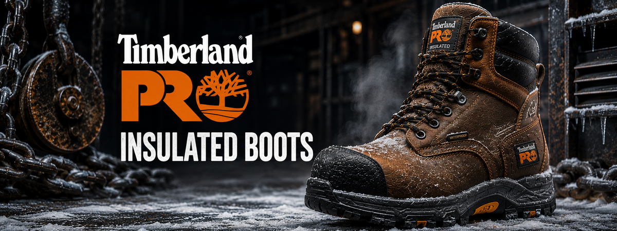 Timberland PRO insulated work boots in a rugged, snowy outdoor environment, with the Timberland PRO logo and 'INSULATED BOOTS' text on the left.