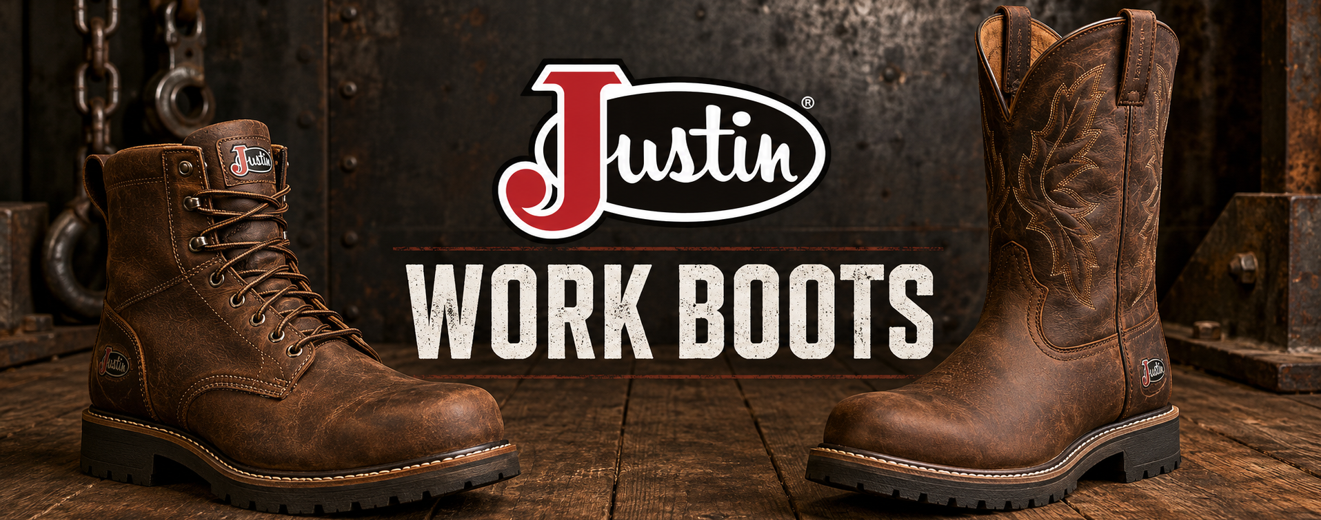 Two brown leather work boots by Justin on a rustic wooden floor with a dark metal backdrop and the Justin Work Boots logo centered.