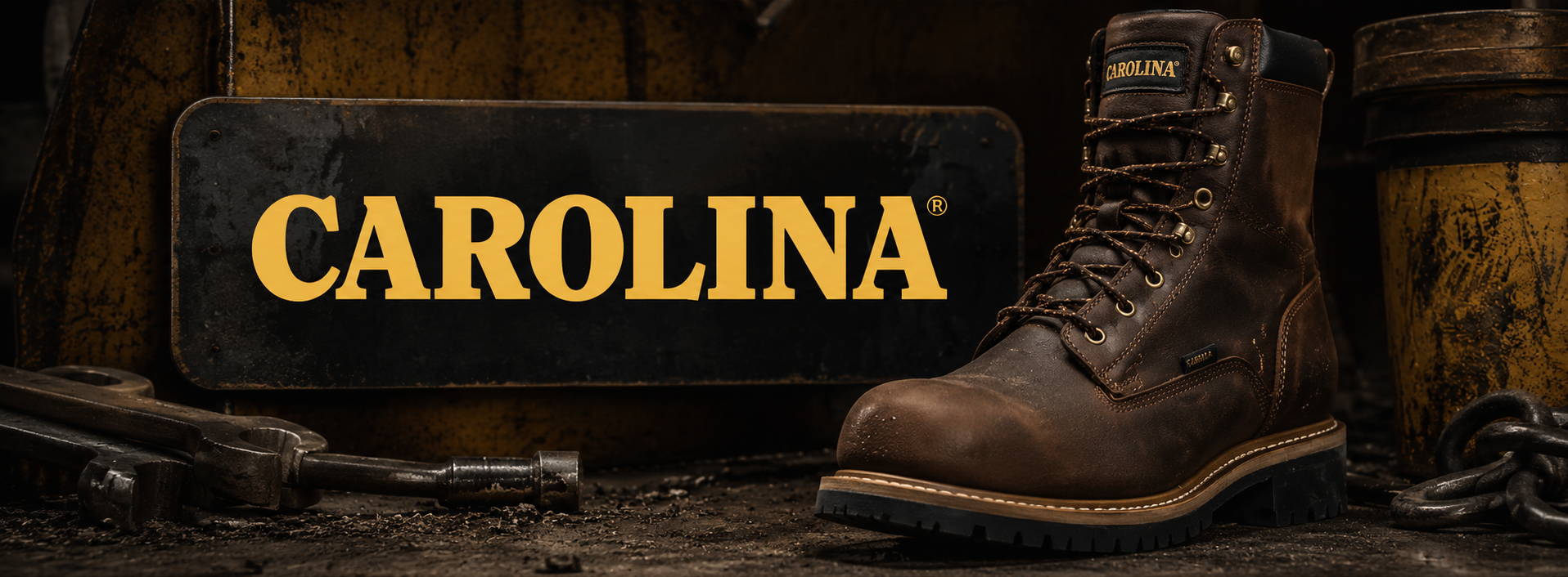 A brown leather work boot with a thick lug sole stands next to a dark sign reading CAROLINA in yellow lettering, set against a rustic industrial background with barrels and tools.