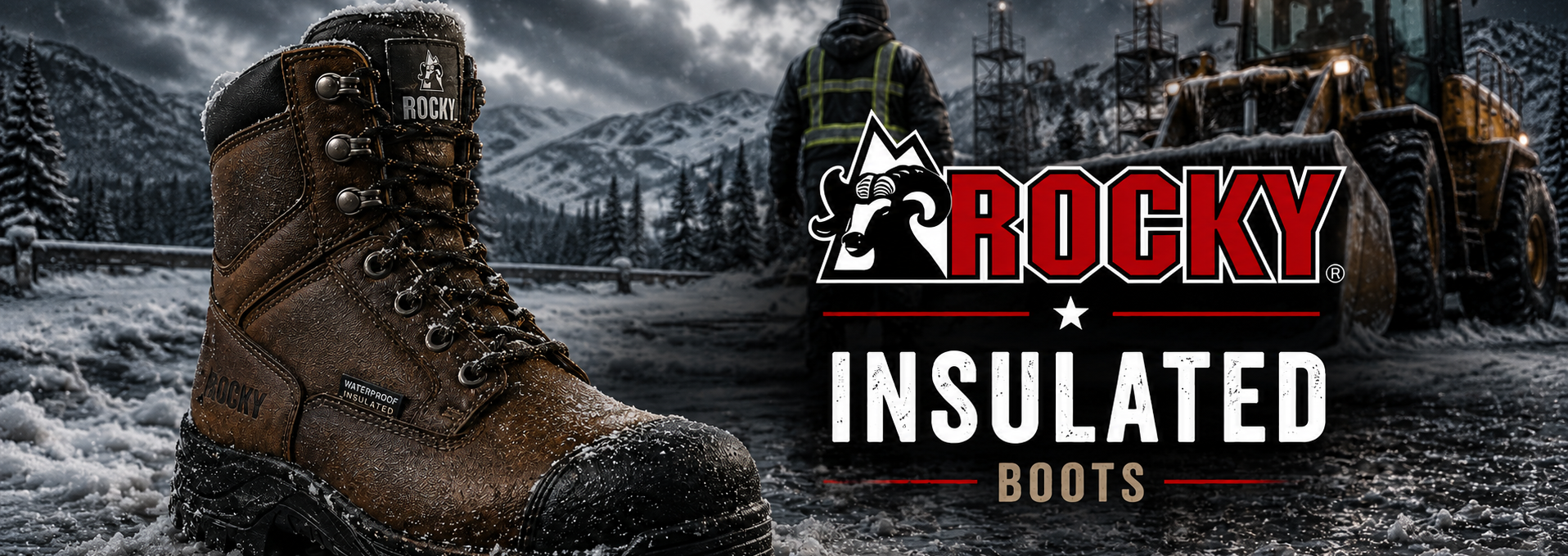 A brown insulated work boot is shown prominently in a snowy outdoor winter scene, with mountains, a worker, and heavy machinery in the background. The text 'ROCKY INSULATED BOOTS' appears on the right side.