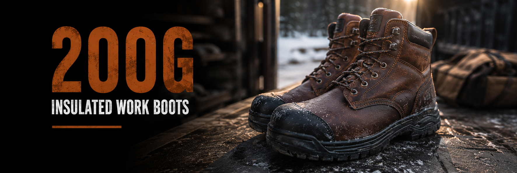 A pair of rugged brown insulated work boots with black toe caps, shown standing on a dark outdoor surface with snow and a blurred background. Large text on the left reads '200G INSULATED WORK BOOTS'.