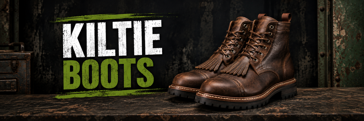 A pair of brown leather kiltie boots with fringe detailing and lace-up fronts, displayed on a rustic wooden surface against a dark textured background with the text 'KILTIE BOOTS'.