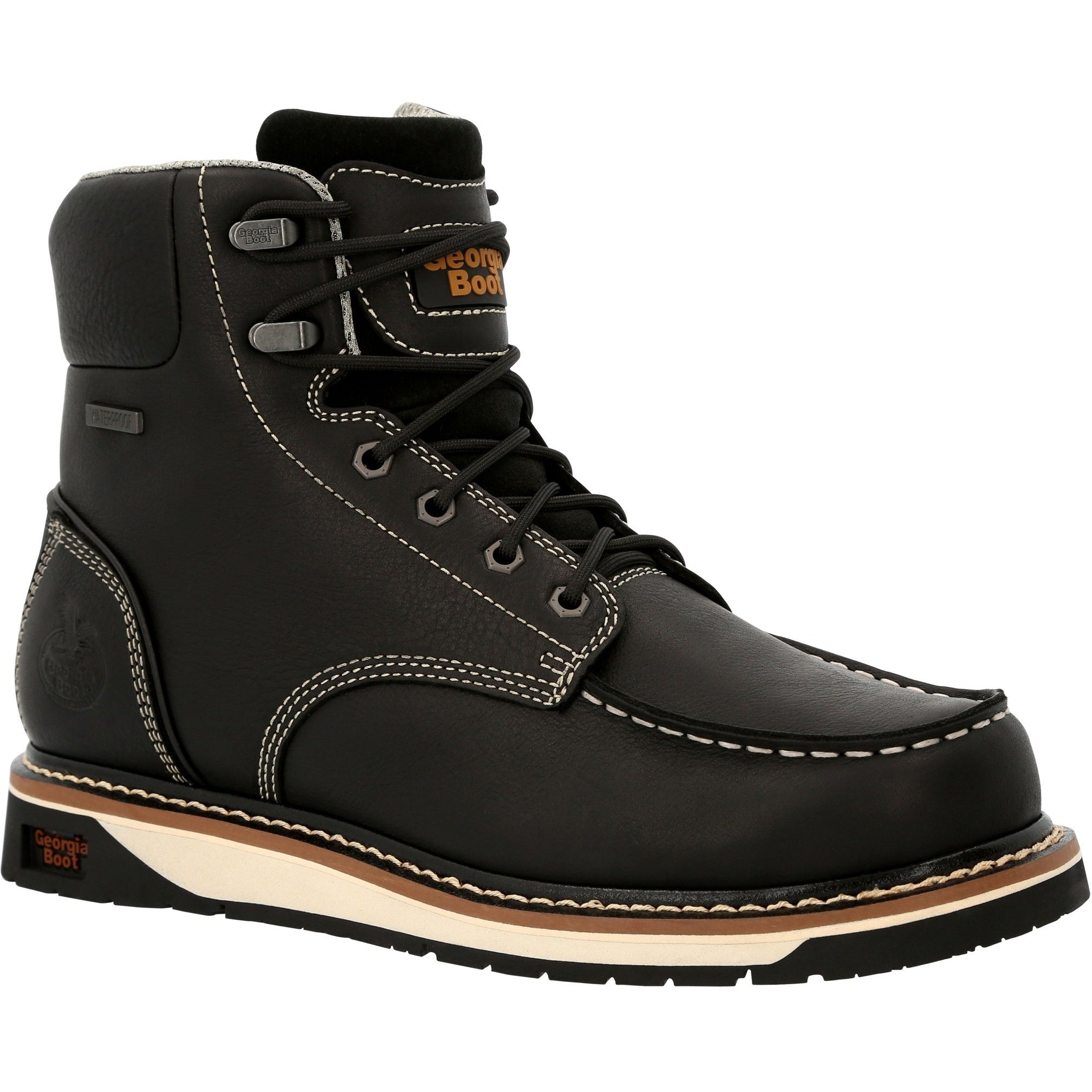 Georgia Men's Amped Lightweight Wedge 6" Moc Toe Waterproof Work Boot - Black - GB00475 8 / Medium / Black - Overlook Boots