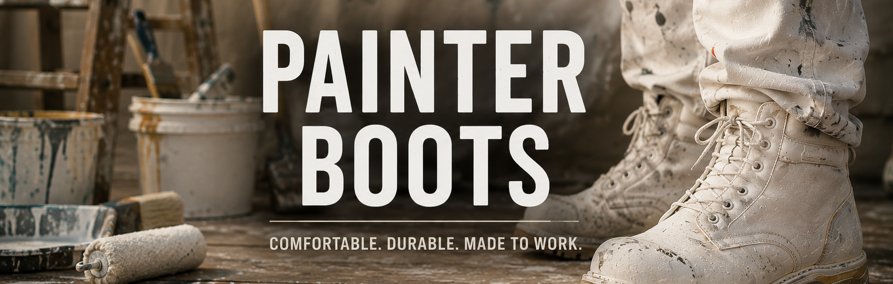 A pair of off-white canvas work boots with white laces, shown in a rustic workshop setting with paint cans and tools. Large white text reads 'PAINTER BOOTS' with the tagline 'COMFORTABLE.