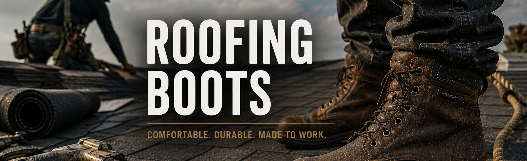 A pair of rugged brown roofing boots worn with dark pants on a wooden work deck, with large white text reading 'ROOFING BOOTS' and smaller text 'COMFORTABLE. DURABLE.