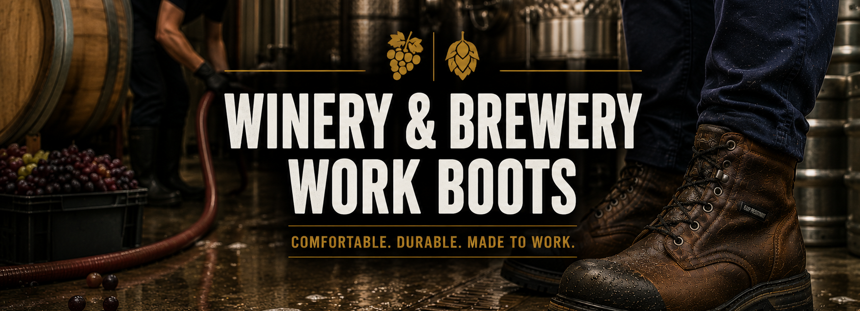 A pair of brown leather work boots worn on a person's feet in a brewery setting, with large white text reading 'WINERY & BREWERY WORK BOOTS' and smaller text 'COMFORTABLE. DURABLE.