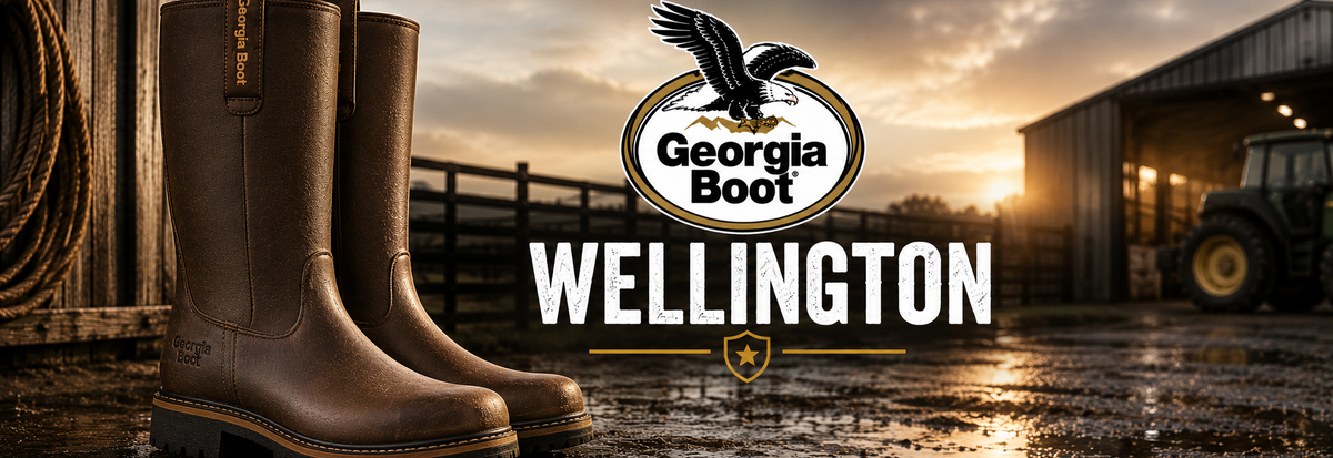 A pair of brown leather Wellington rain boots displayed on a rustic barn floor with wet mud, alongside a tractor and a large Georgia Boot Wellington logo overlay.