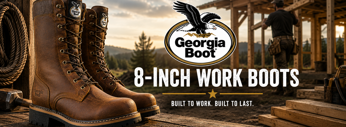 A pair of brown leather 8-inch work boots by Georgia Boot, shown prominently in the foreground on a rustic wooden surface. The background depicts a construction site at sunset with a worker, reinforcing the 'Built to Work' theme.