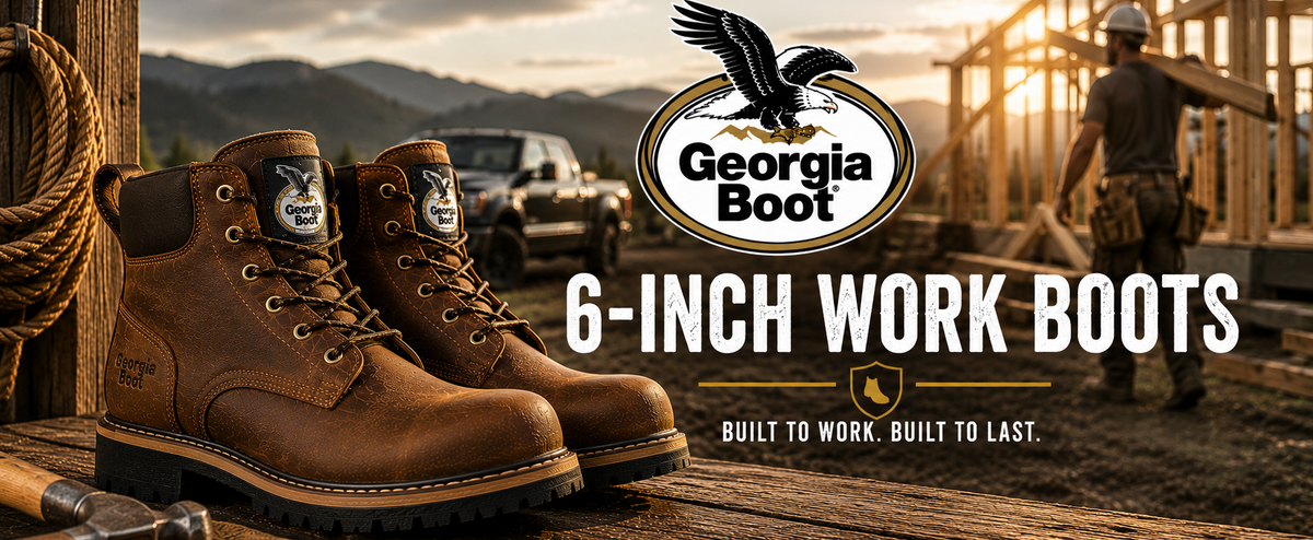 A pair of brown leather 6-inch work boots displayed on a wooden surface in a construction setting, with the Georgia Boot logo and the text '6-INCH WORK BOOTS' prominently overlaid.