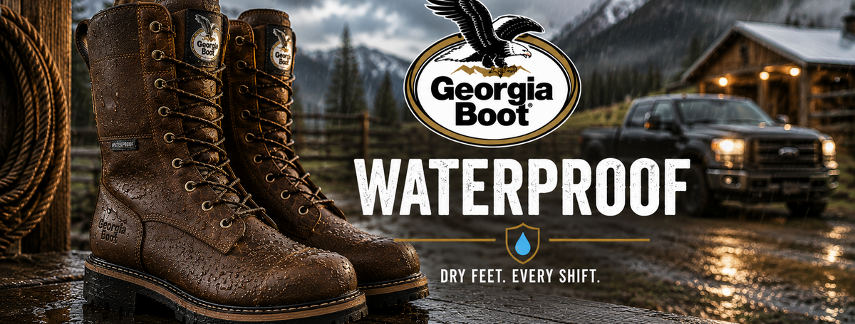 A pair of brown Georgia Boot waterproof work boots displayed on a wet wooden surface in a mountain cabin setting, with a truck in the background and large 'Georgia Boot WATERPROOF' branding text overlaid on the image.