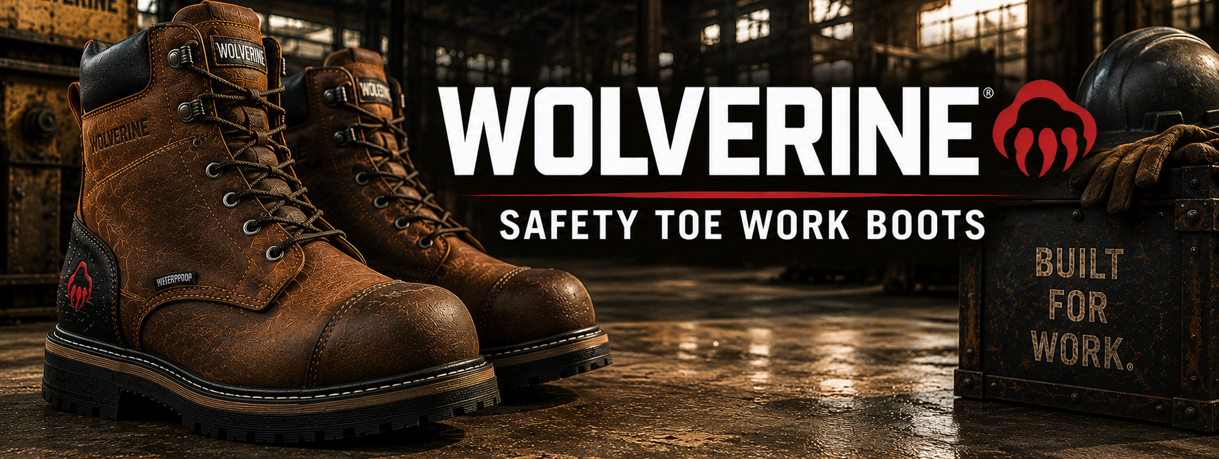 A pair of brown leather Wolverine safety toe work boots displayed in a dark industrial warehouse setting, with the text 'WOLVERINE SAFETY TOE WORK BOOTS' and a helmet on a crate nearby.