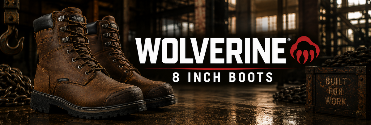 A pair of brown leather Wolverine 8-inch work boots displayed in a dark industrial warehouse setting, with the brand logo and text 'WOLVERINE 8 INCH BOOTS' prominently overlaid on the right side.