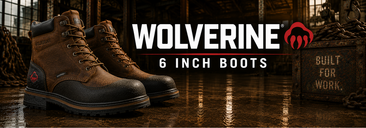 A pair of Wolverine 6-inch work boots in brown and black, displayed in a dark, industrial warehouse setting with the brand logo and 'BUILT FOR WORK' text overlaid on the image.