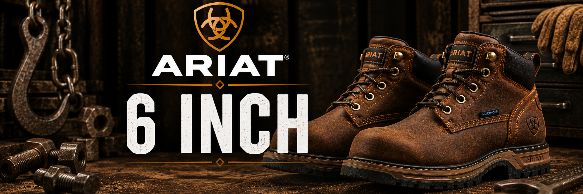 A pair of Ariat 6-inch work boots in brown leather, displayed on a rustic wooden workbench with heavy machinery and tools in the background. The Ariat logo and '6 INCH' text are prominently displayed in the center.