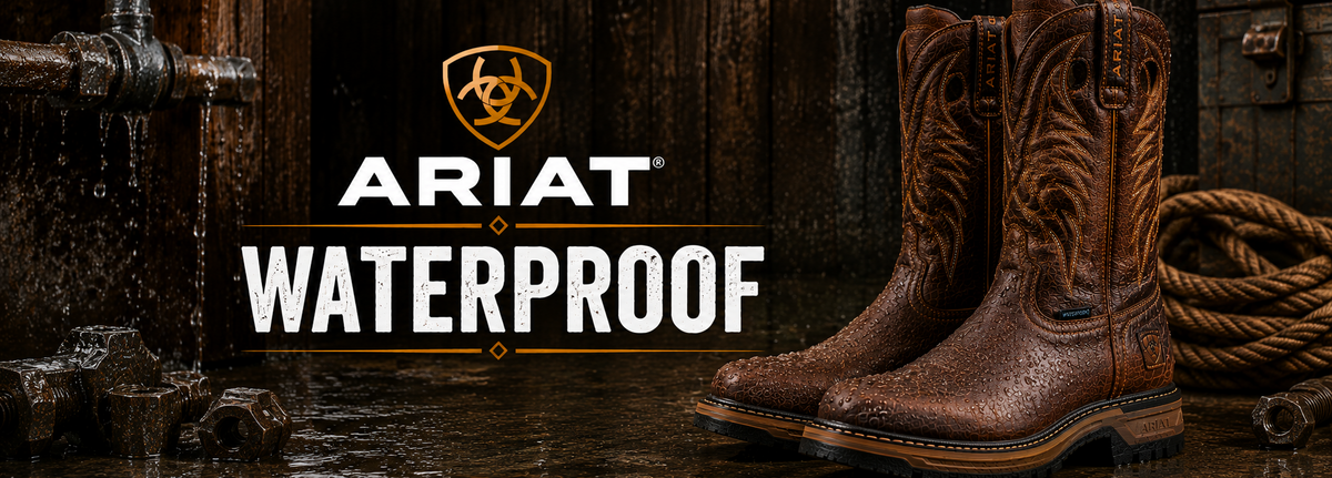 A pair of Ariat waterproof brown leather cowboy boots displayed against a dark rustic background with the text 'ARIAT WATERPROOF' and the Ariat logo.