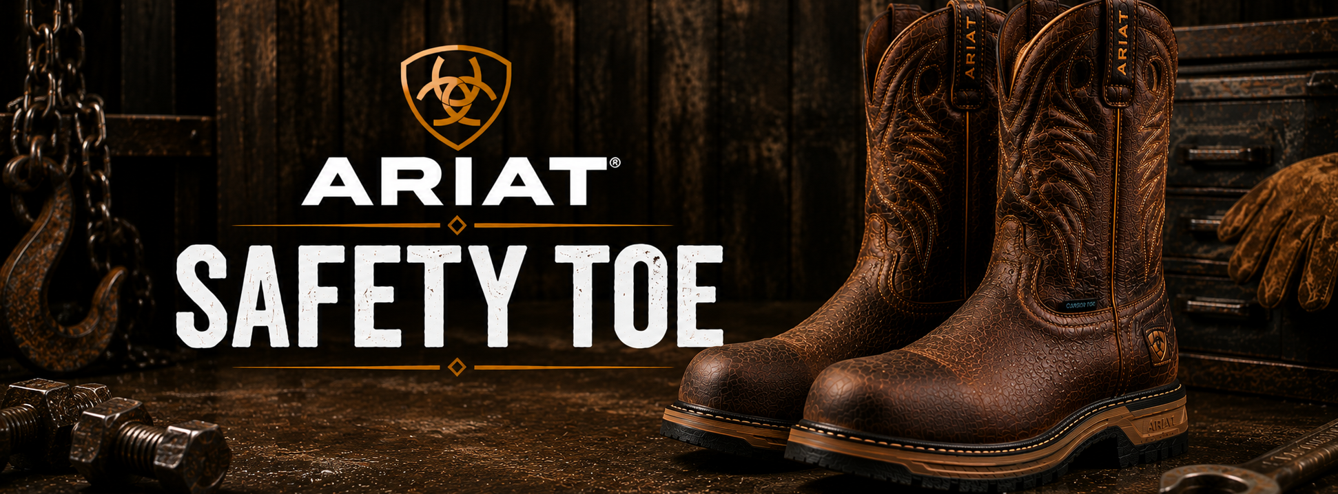 A pair of brown leather Ariat cowboy boots with western stitching, displayed on a rustic wooden workbench alongside tools and hardware, with the text 'ARIAT SAFETY TOE' and the Ariat shield logo.