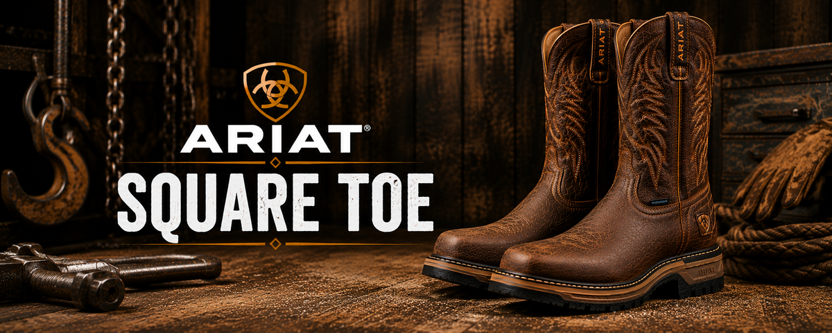 A pair of Ariat square-toe cowboy boots in brown leather, displayed on a rustic wooden surface with western-themed props and the Ariat brand logo and text overlay.