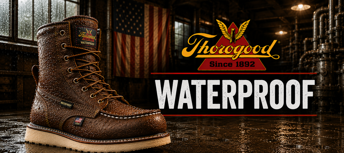 A brown leather waterproof work boot is shown in a dark industrial setting with an American flag in the background. The right side features the 'Therogood' logo and the word 'WATERPROOF' in large white letters.