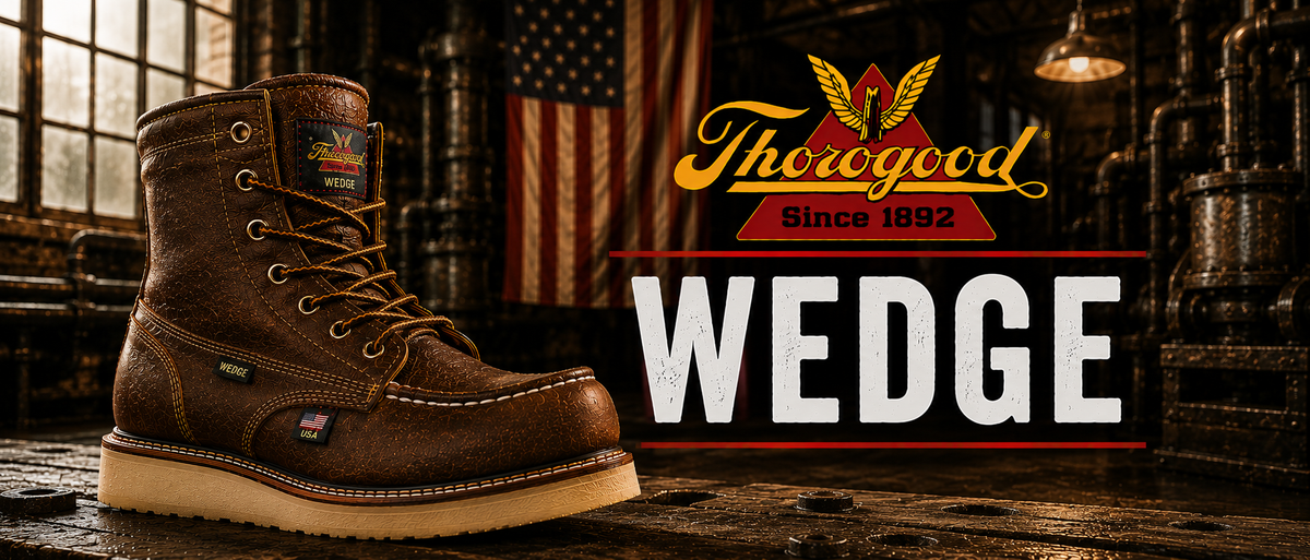 A brown leather wedge work boot by Thorgood, shown in a rustic industrial setting with an American flag and large Thorgood branding and the word 'WEDGE' on a dark background.