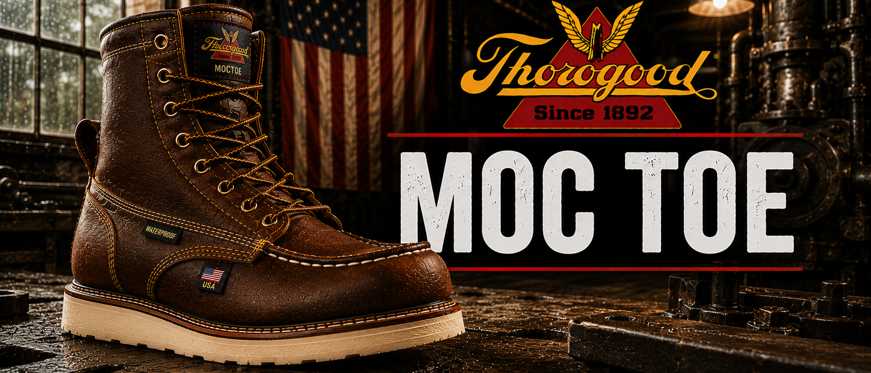 A brown leather Thoroughbred MOC Toe work boot with a thick off-white sole, shown in a dark industrial workshop setting with an American flag in the background. The Thoroughbred logo and 'MOC TOE' text are displayed on the right.