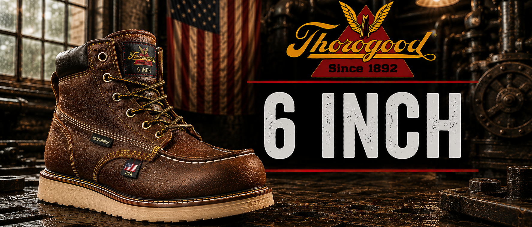 A brown leather 6-inch work boot by Thorogood, displayed in a rustic industrial setting with an American flag and metal pipes in the background. The Thorogood logo and '6 INCH' text are overlaid on the right side.
