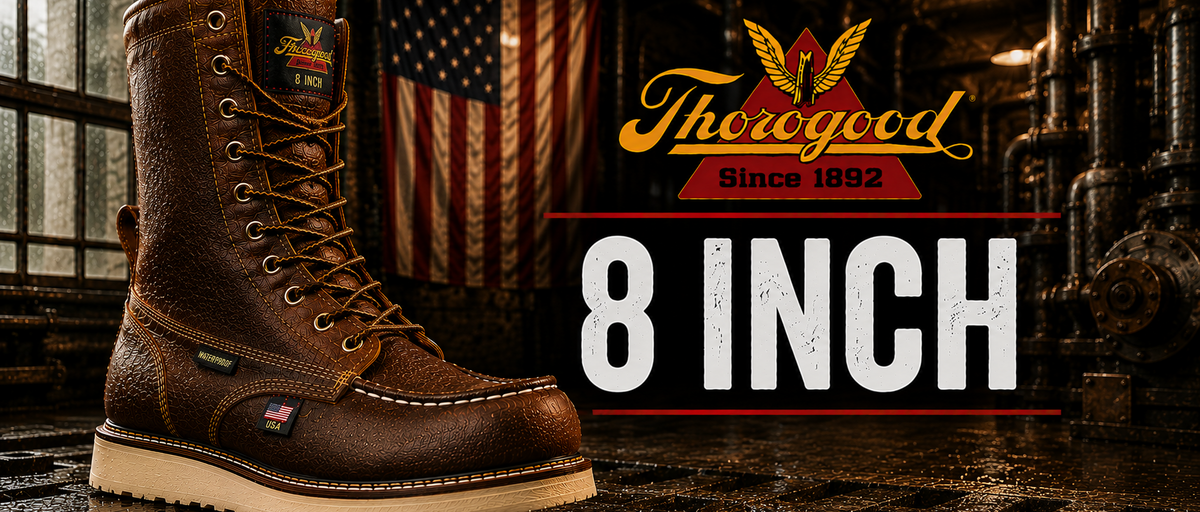 A brown leather lace-up work boot is shown in a dark industrial setting with an American flag and large text reading 'Thorogood Since 1892' and '8 INCH'.