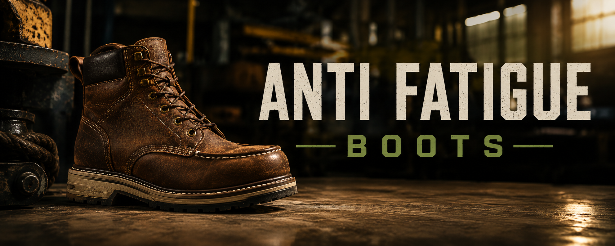 A single brown lace-up work boot is shown on a dark industrial floor with large text reading 'ANTI FATIGUE BOOTS' on the right side.