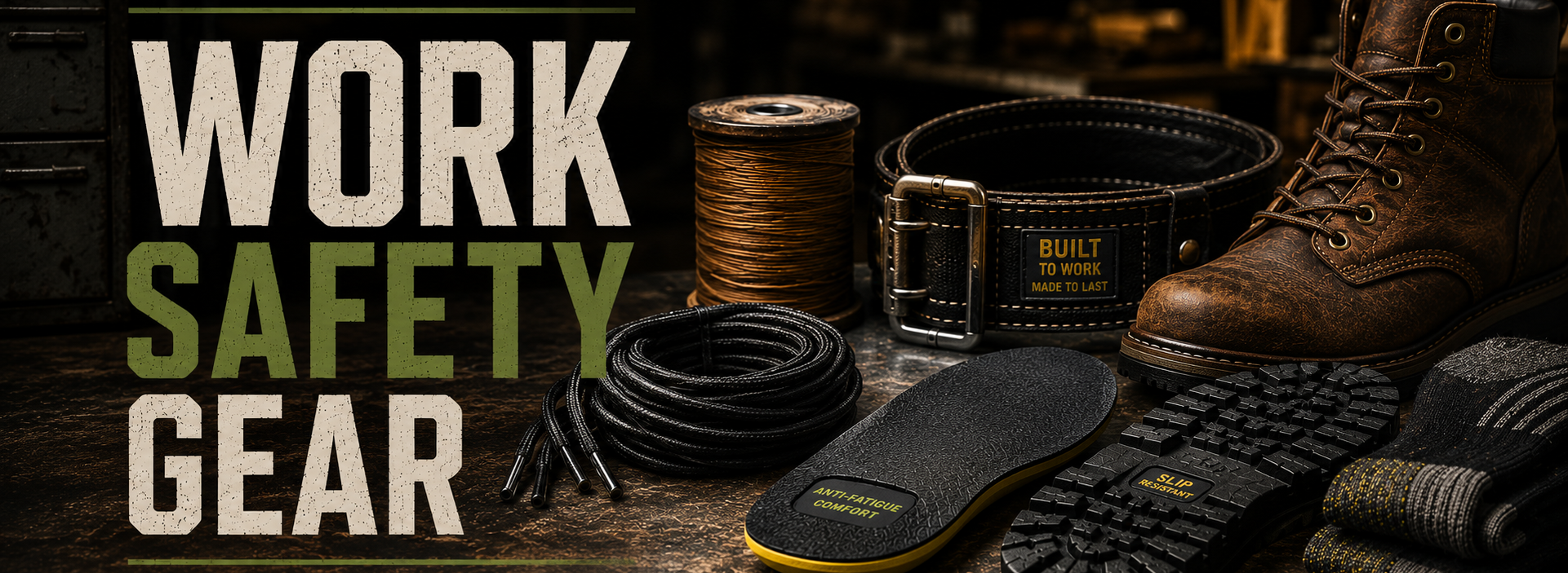 Work safety gear collection including a brown leather work boot, black safety toe cap, black coiled cable, black belt with brass buckle, black insole, and gloves, arranged on a dark wooden surface with 'WORK SAFETY GEAR' text overlay.