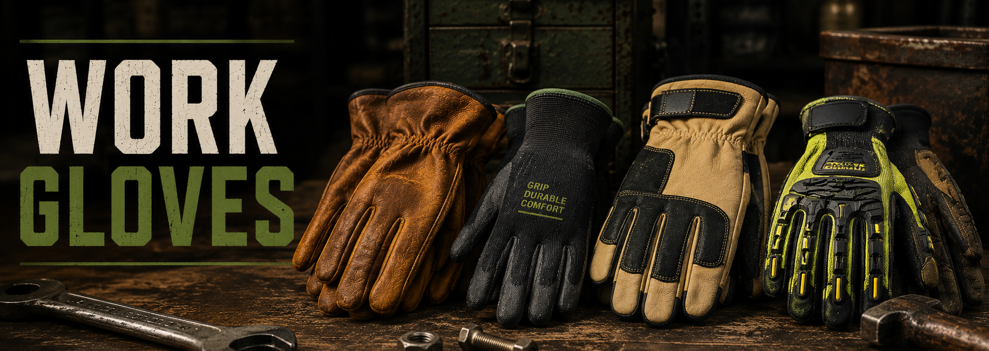 Four pairs of work gloves displayed on a rustic wooden surface with tools and a dark background. The gloves include brown leather, black and gray, tan and beige, and black and neon yellow-green.