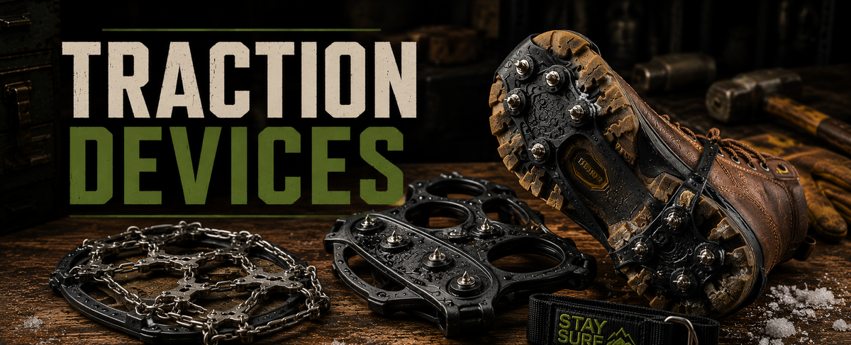 A promotional product shot for traction devices, showing a brown hiking boot with metal crampons, a separate black crampon set, and a black Stay Sure strap on a rustic wooden surface with snow and large text reading 'TRACTION DEVICES'.