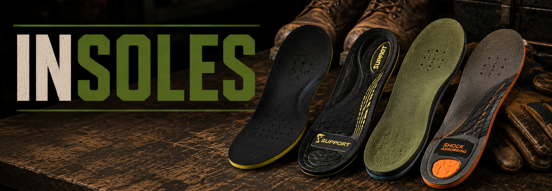 Four athletic shoe insoles displayed on a rustic wooden surface, with brown boots and gloves in the background. Large text on the left reads 'INSOLES'.