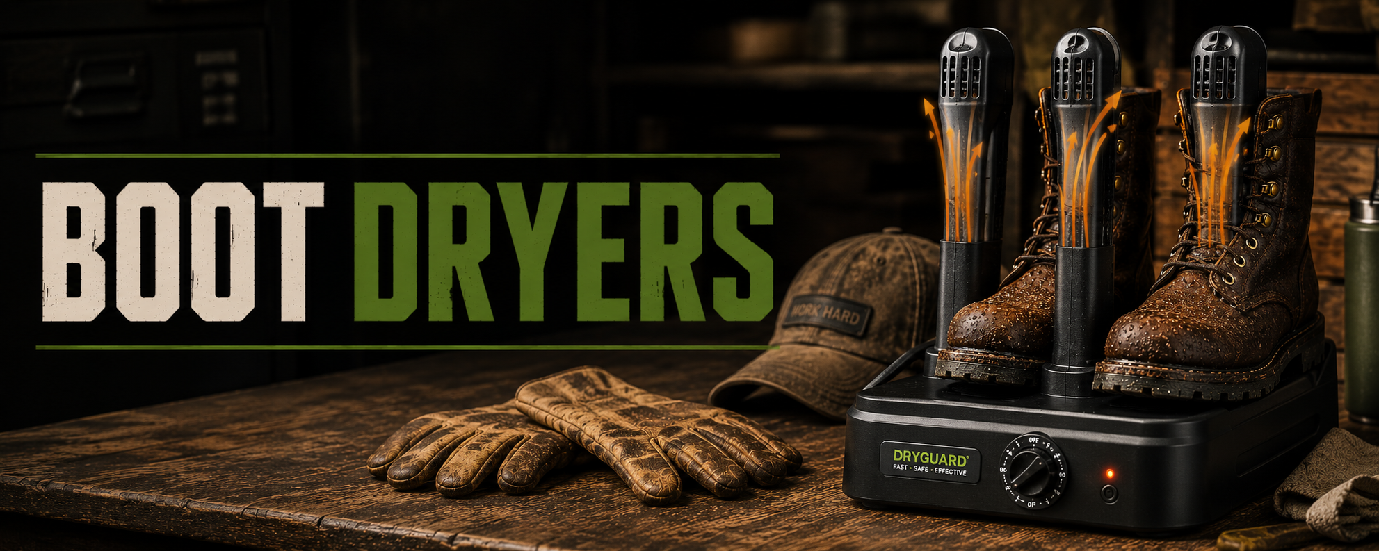 A boot dryer machine on a rustic wooden table with two brown work boots and a pair of gloves. Large text on the left reads 'BOOT DRYERS'.