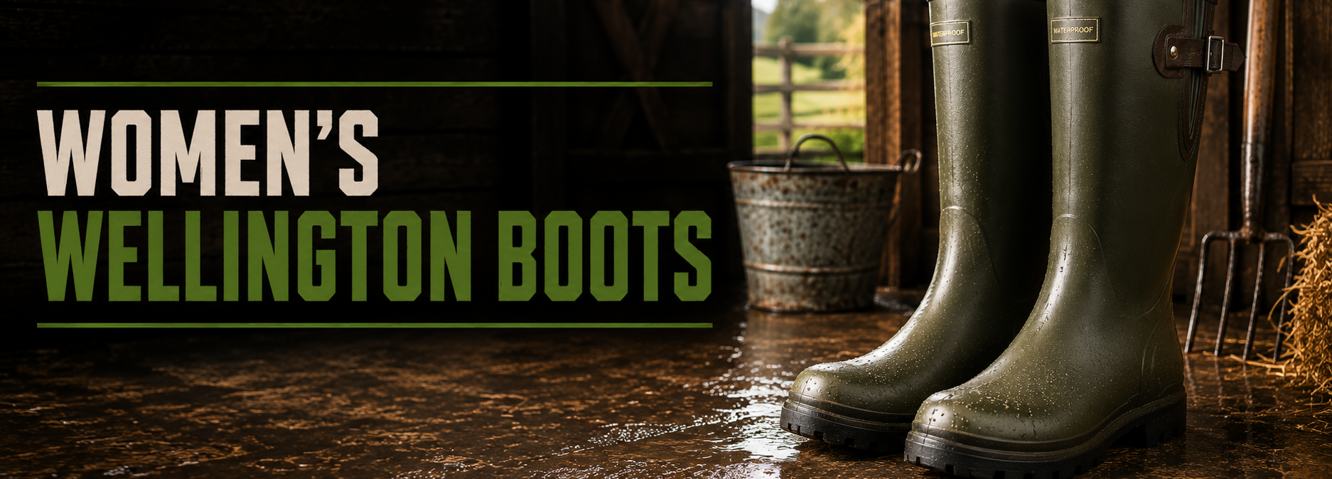 A pair of green Wellington rain boots with purple trim, standing on a wet barn floor next to a bucket and pitchfork, with text reading 'WOMEN'S WELLINGTON BOOTS' on the left.