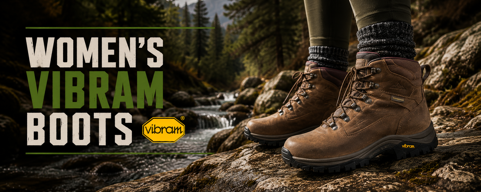 A pair of women's brown Vibram hiking boots worn on a person's feet, standing on rocks near a stream in a forest setting. Large text on the left reads 'WOMEN'S VIBRAM BOOTS' with the Vibram logo below.
