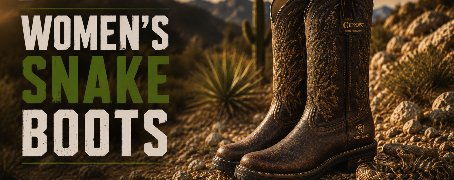 A pair of dark brown western-style boots with carved stitching, shown standing on rocky desert ground with mountains and cacti in the background. Large text on the left reads 'WOMEN'S SNAKE BOOTS.