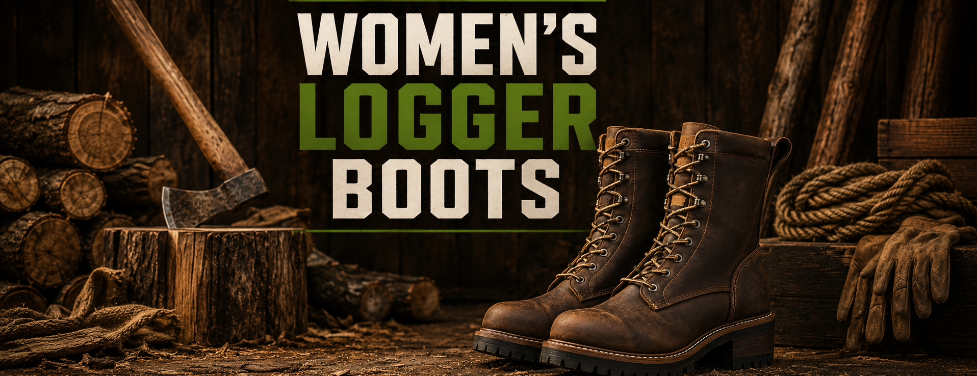 A pair of brown lace-up work boots displayed on a rustic wooden surface with logs, ropes, and an axe around them. Large text in the center reads “WOMEN’S LOGGER BOOTS.