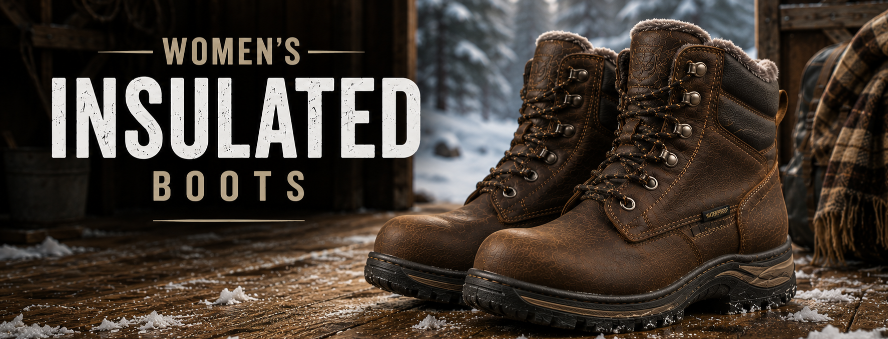 A pair of women's brown insulated lace-up boots displayed on a snowy wooden floor in front of a rustic cabin doorway with a winter forest background. Large text on the left reads 'WOMEN'S INSULATED BOOTS'.