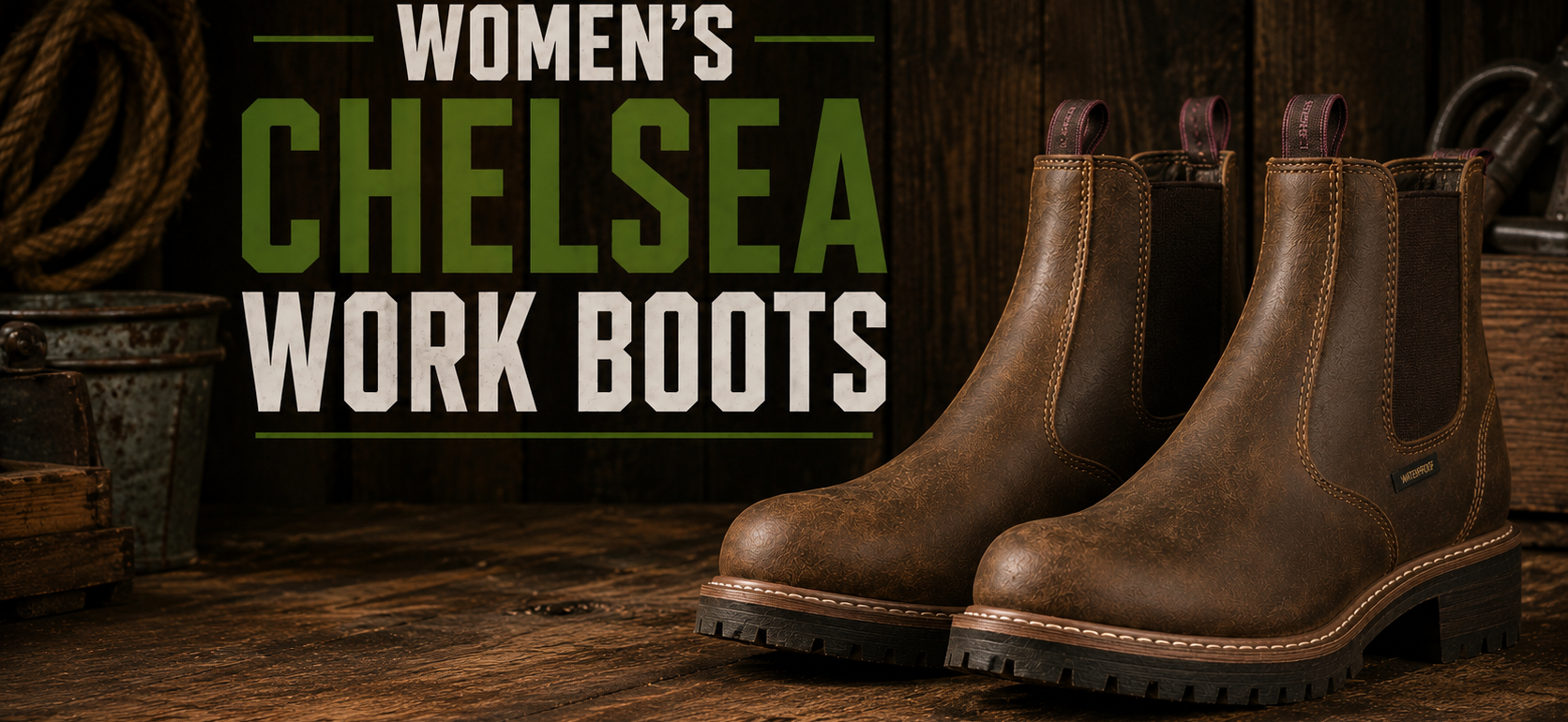 A pair of women's Chelsea-style work boots in distressed brown leather, displayed on a rustic wooden surface with a dark wood backdrop and overlaid text reading 'WOMEN'S CHELSEA WORK BOOTS'.