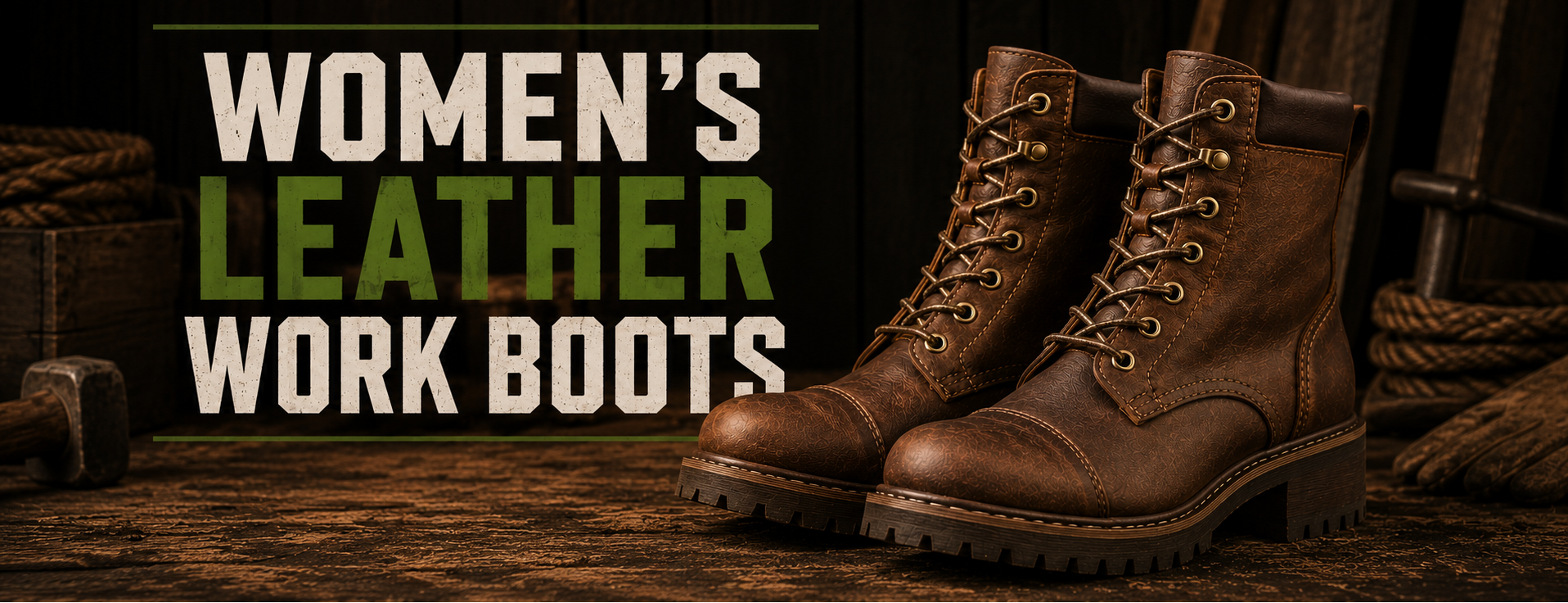 A pair of brown leather lace-up work boots displayed on a rustic wooden surface with rope and dark wood background. Large text on the left reads 'WOMEN'S LEATHER WORK BOOTS'.