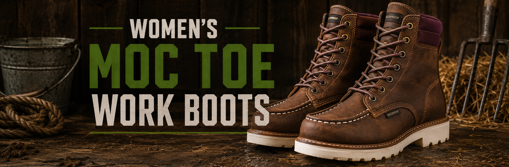 A pair of women's brown leather work boots with white lug soles, shown on a rustic wooden surface with a bucket, rope, and pitchfork in the background. Large text reads 'WOMEN'S MOC TOE WORK BOOTS'.