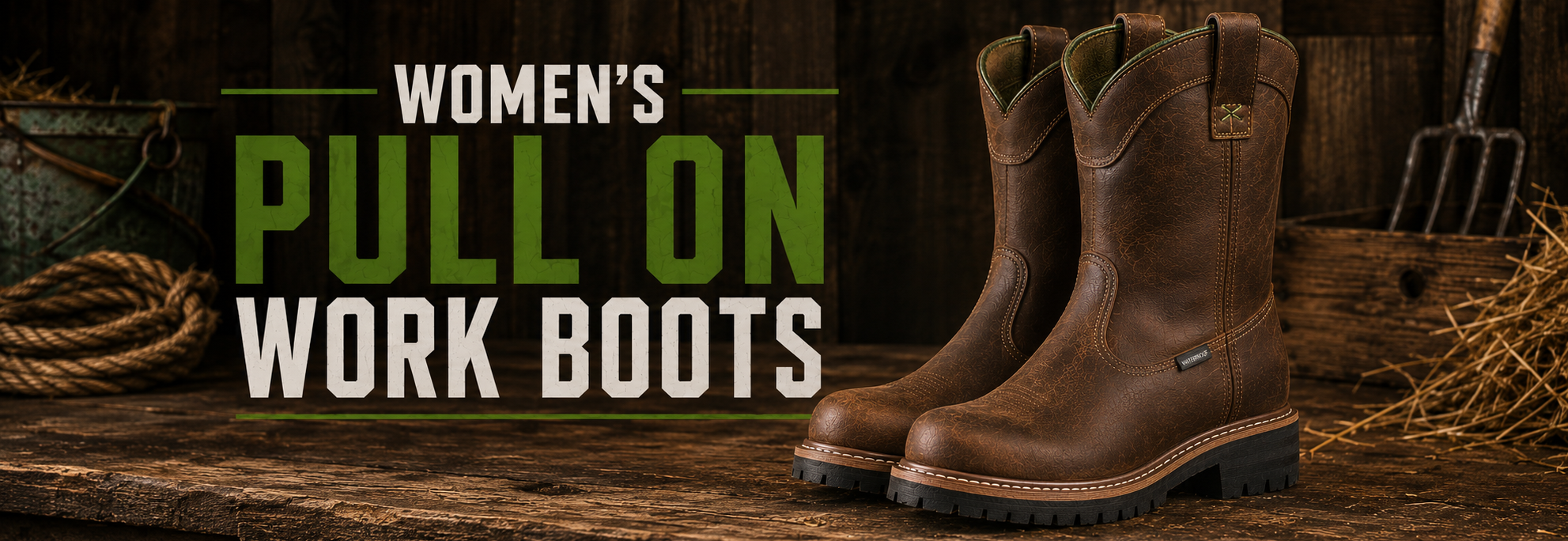 A pair of brown women's pull-on work boots displayed on a rustic wooden surface with a dark wood background and farm-themed props. Large text on the left reads 'WOMEN'S PULL ON WORK BOOTS'.