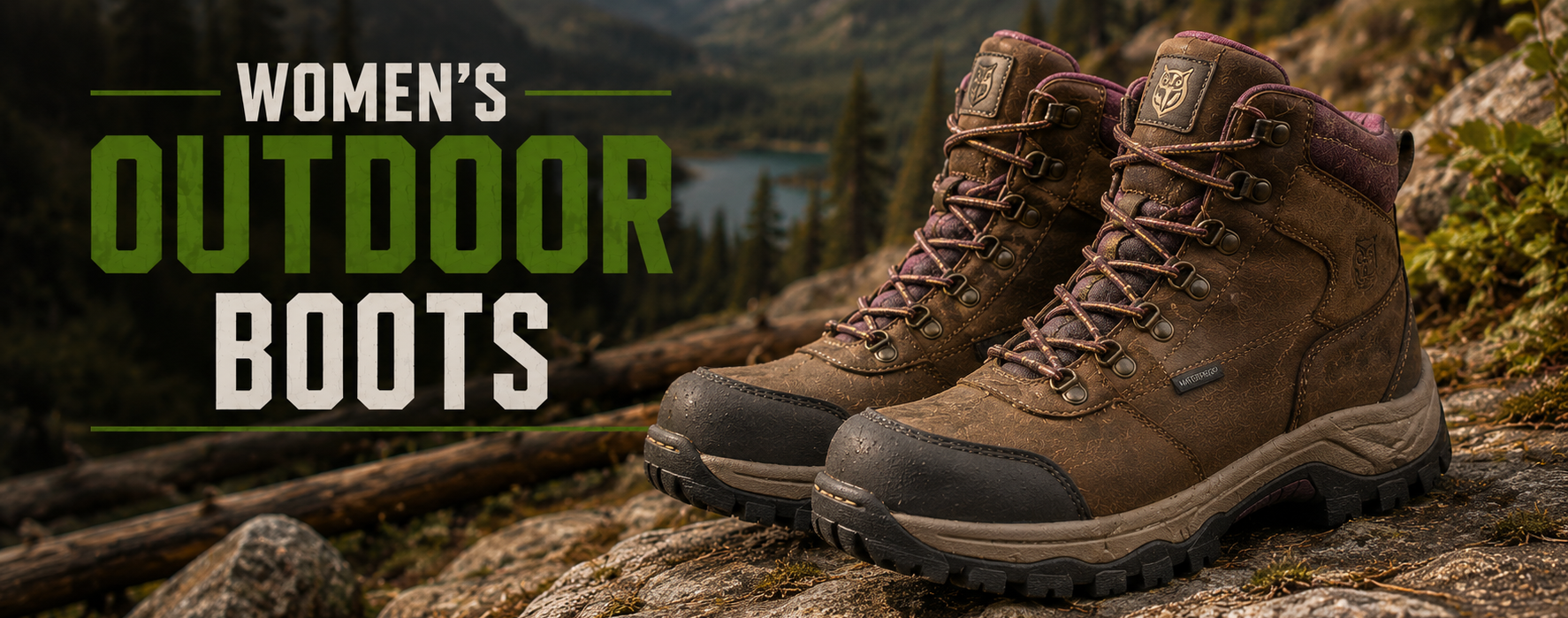 A pair of women's brown outdoor hiking boots placed on rocks in a mountain landscape, with large text reading 'WOMEN'S OUTDOOR BOOTS' on the left side of the image.