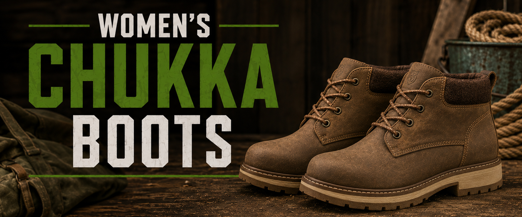 A pair of women's brown chukka boots displayed on a rustic wooden surface with a dark wood background and promotional text reading 'WOMEN'S CHUKKA BOOTS'.