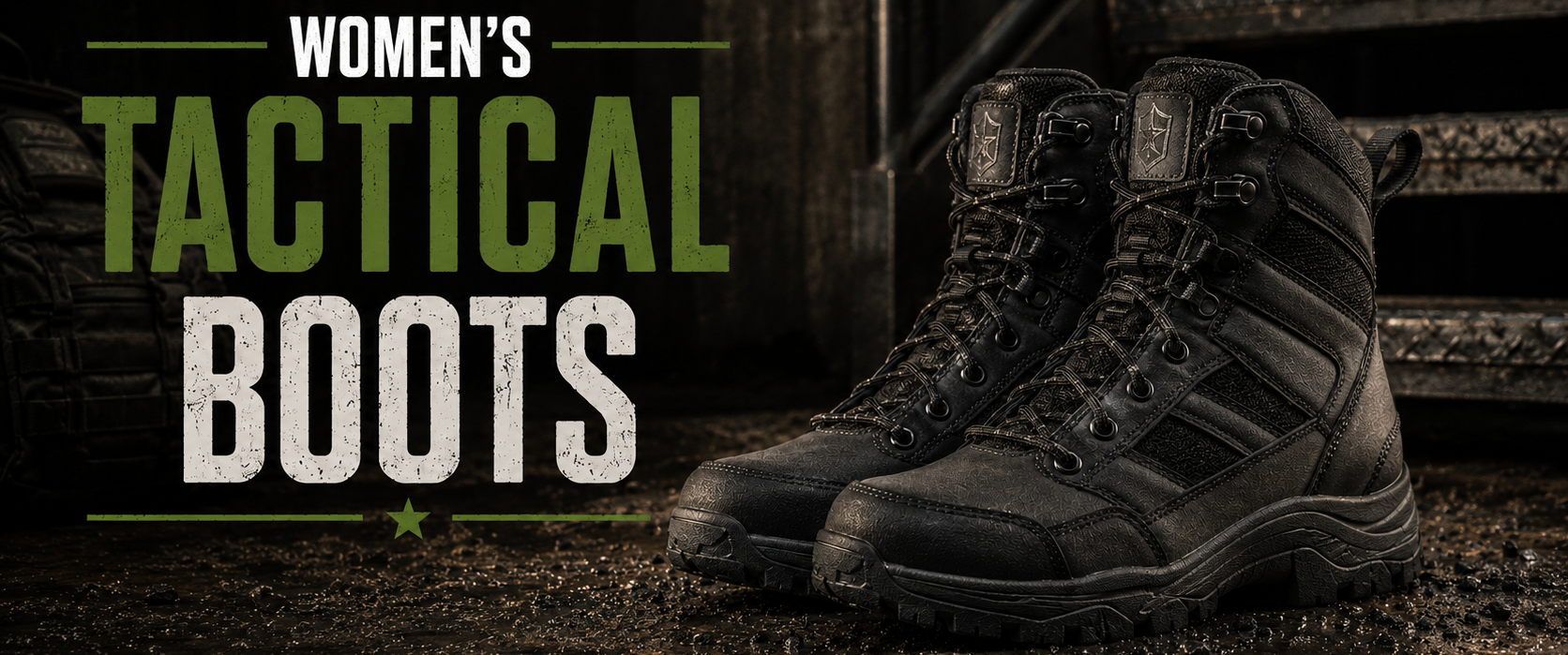 A pair of black women's tactical boots displayed on a dark, muddy surface with metal stairs in the background, next to large text reading 'WOMEN'S TACTICAL BOOTS'.