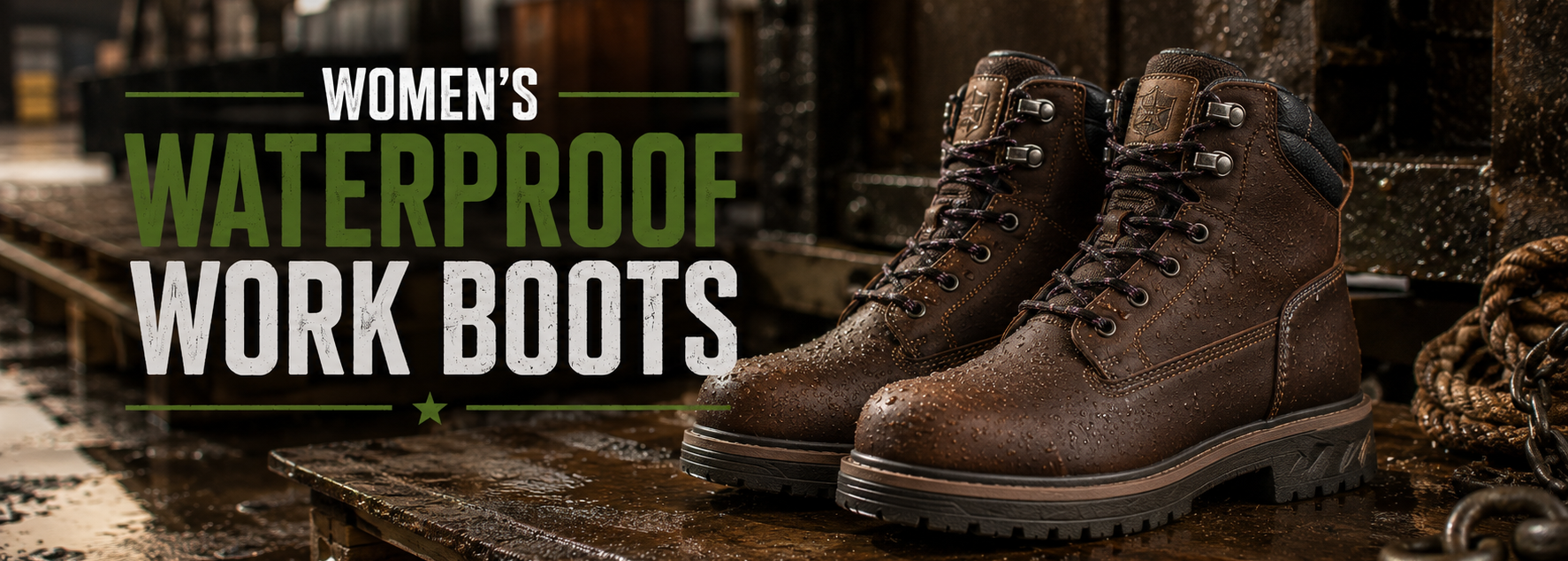 A pair of brown waterproof work boots displayed on a wet wooden platform in an industrial setting, with the text 'WOMEN'S WATERPROOF WORK BOOTS' overlaid on the left side.