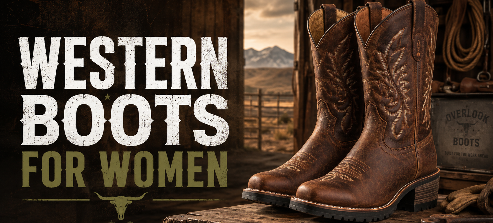 A pair of brown western boots with floral embroidery, displayed on a rustic wooden surface inside a barn setting with mountains visible in the background. Large text on the left reads 'WESTERN BOOTS FOR WOMEN'.
