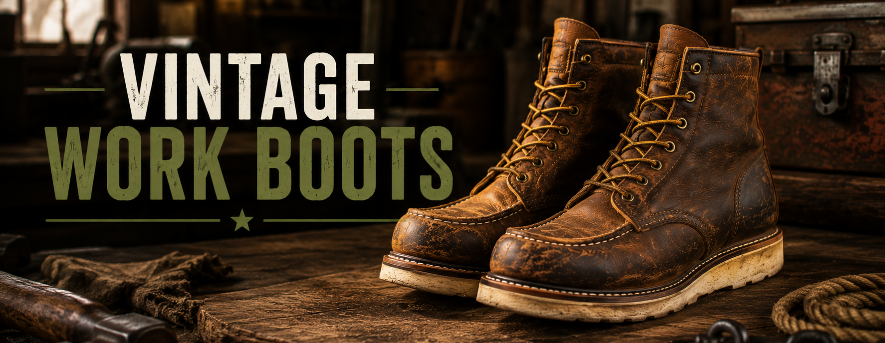 A pair of vintage-style brown leather work boots displayed on a rustic wooden table in a workshop setting, with large text reading 'VINTAGE WORK BOOTS' on the left.