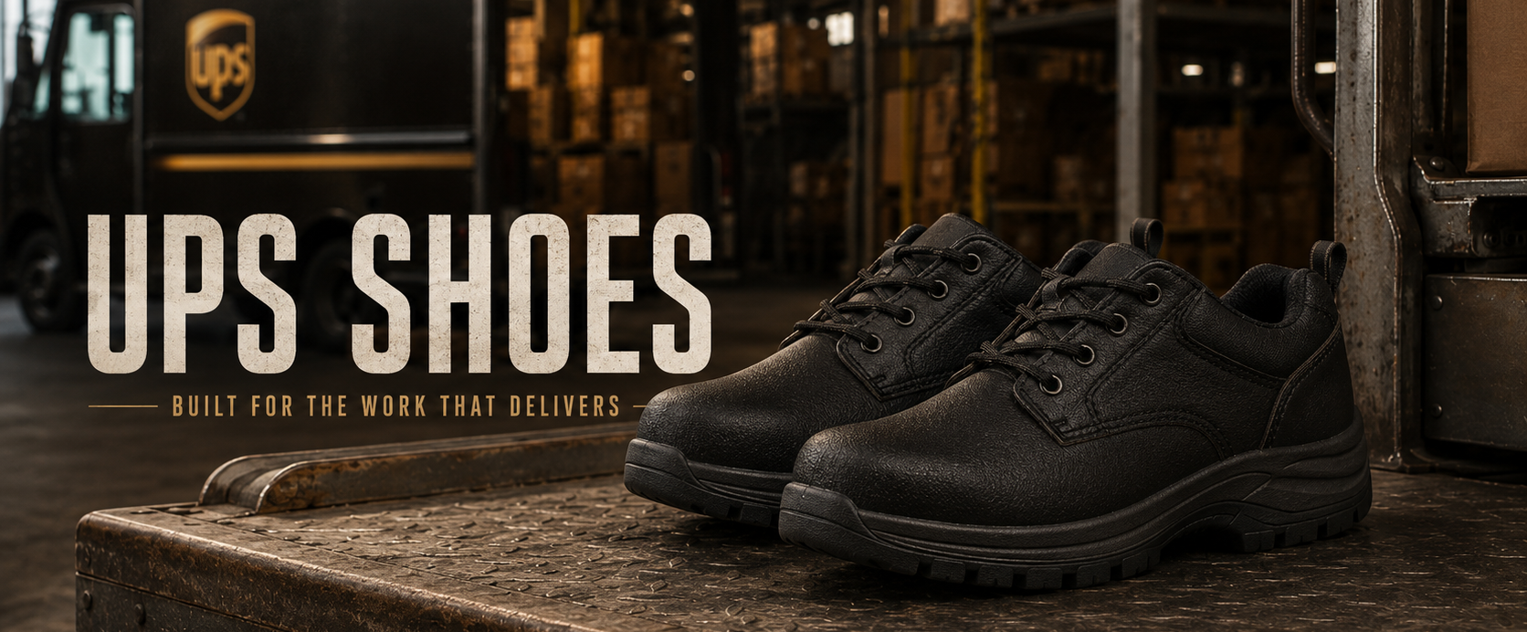 A pair of black work boots displayed on a rusty metal workbench in a warehouse setting, with a UPS truck and shelves in the background. Text overlays read 'UPS SHOES' and 'BUILT FOR THE WORK THAT DELIVERS'.